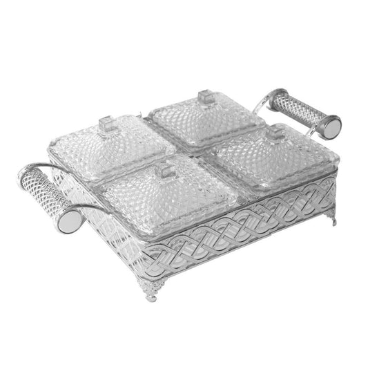 Metal Deco Silver Candy Box Nuts and Chocolates 4 Slot Serving Tray with Lid 35*25*8 cm