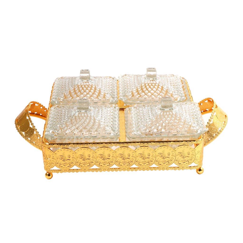 Metal Deco Gold Candy Box Nuts and Chocolates 4 Slot Serving Tray with Lid 35*25*8 cm