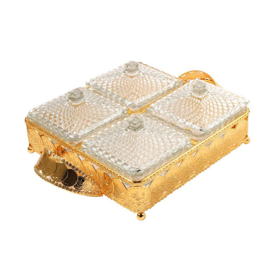 Metal Deco Gold Candy Box Nuts and Chocolates 4 Slot Serving Tray with Lid 35*25*8 cm