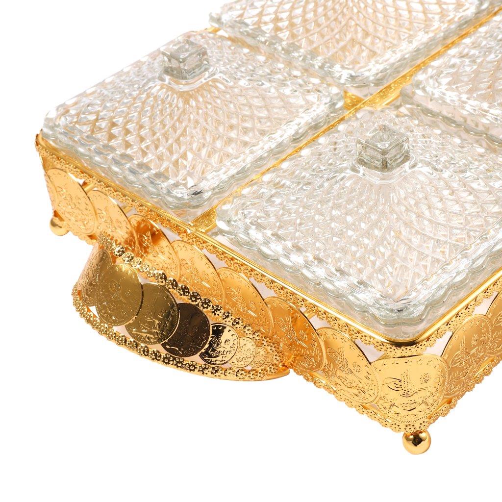 Metal Deco Gold Candy Box Nuts and Chocolates 4 Slot Serving Tray with Lid 35*25*8 cm