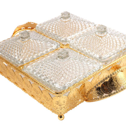 Metal Deco Gold Candy Box Nuts and Chocolates 4 Slot Serving Tray with Lid 35*25*8 cm