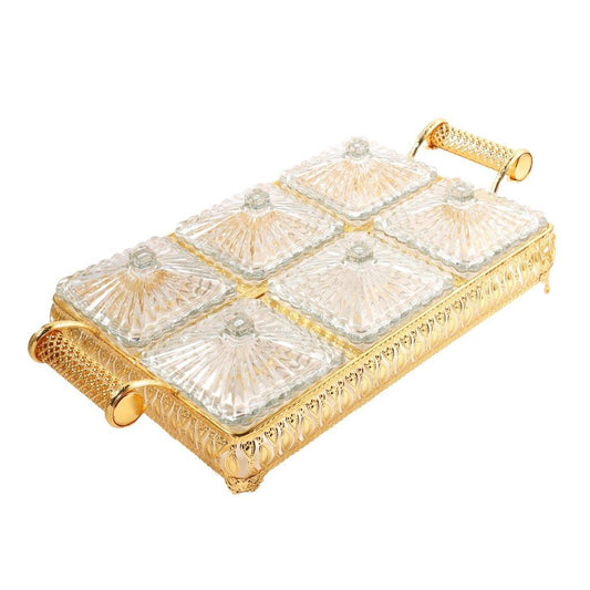 Metal Deco Gold Candy Box Nuts and Chocolates 6 Slot Serving Tray with Lid 47*24*10 cm