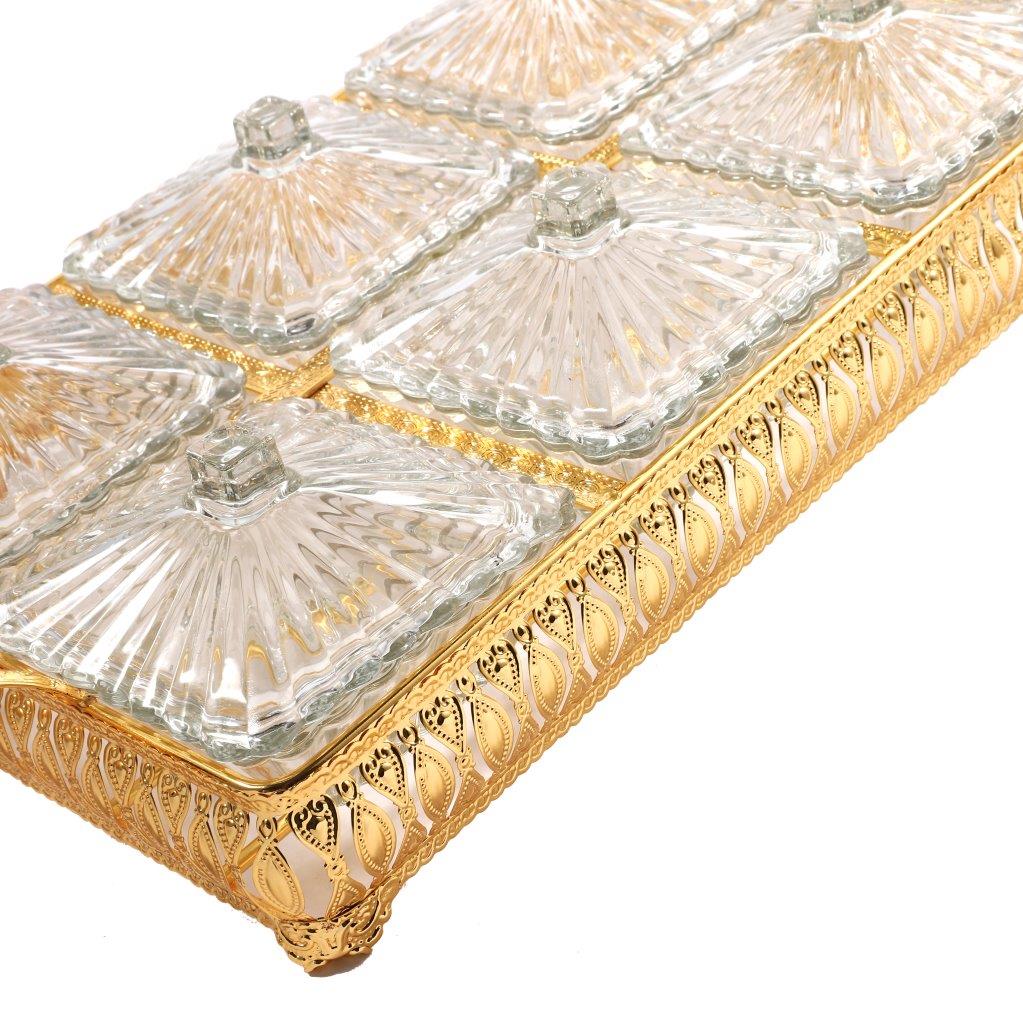 Metal Deco Gold Candy Box Nuts and Chocolates 6 Slot Serving Tray with Lid 47*24*10 cm