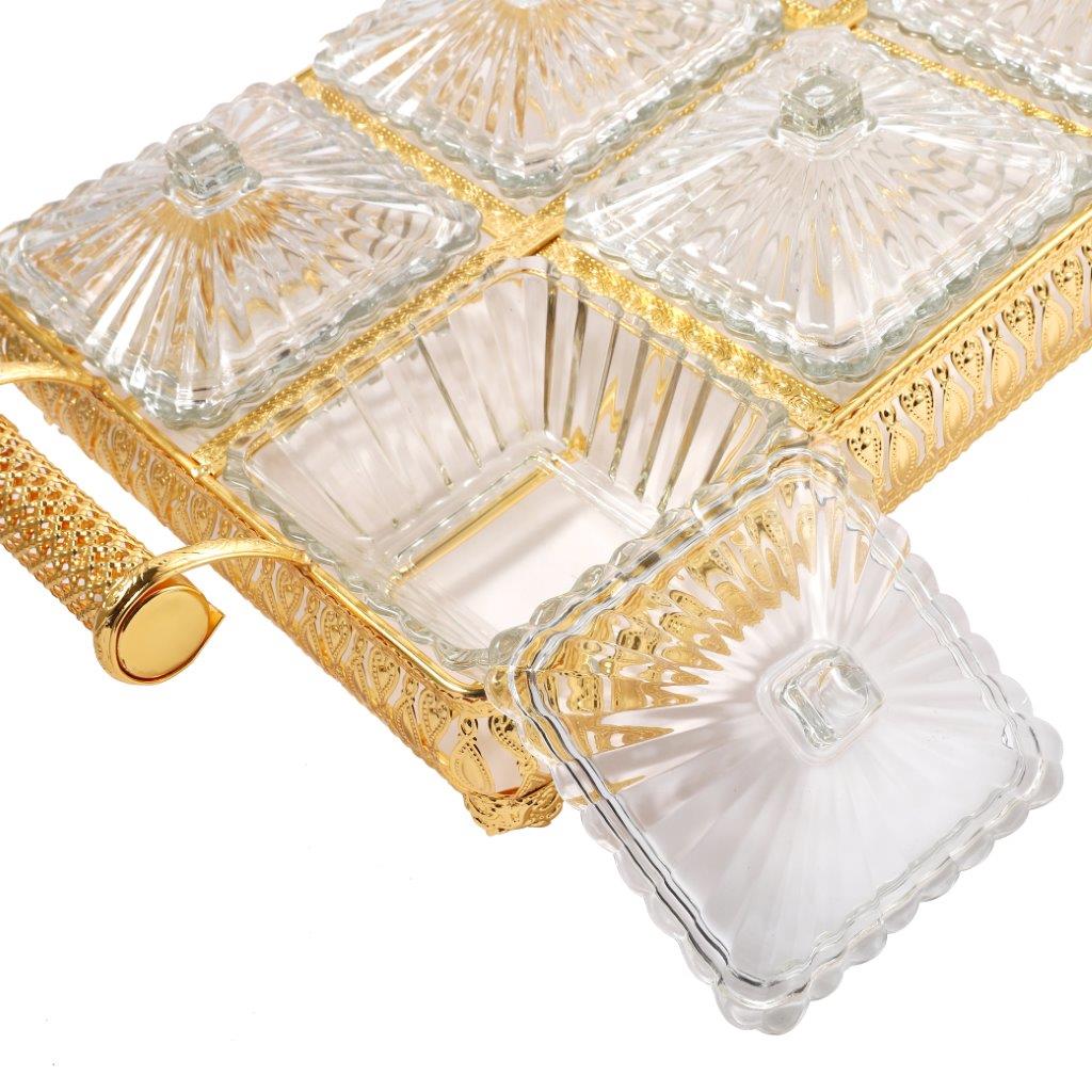 Metal Deco Gold Candy Box Nuts and Chocolates 6 Slot Serving Tray with Lid 47*24*10 cm