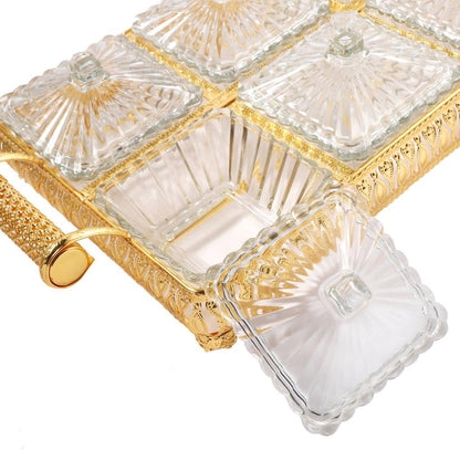 Metal Deco Gold Candy Box Nuts and Chocolates 6 Slot Serving Tray with Lid 47*24*10 cm
