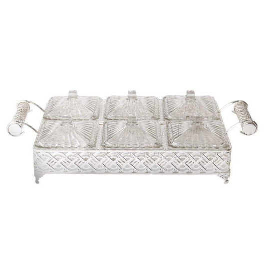Metal Deco Silver Candy Box Nuts and Chocolates 6 Slot Serving Tray with Lid 47*24*10 cm