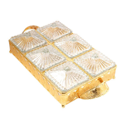 Metal Deco Gold Candy Box Nuts and Chocolates 6 Slot Serving Tray with Lid 47*24*10 cm