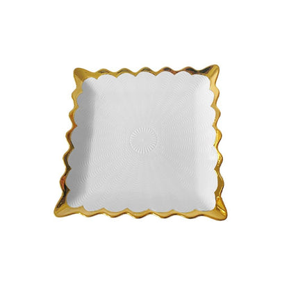 White Ceramic Gold Rim Tableware Rectangular Serving Dish Plate 25.5X25.5X3 cm