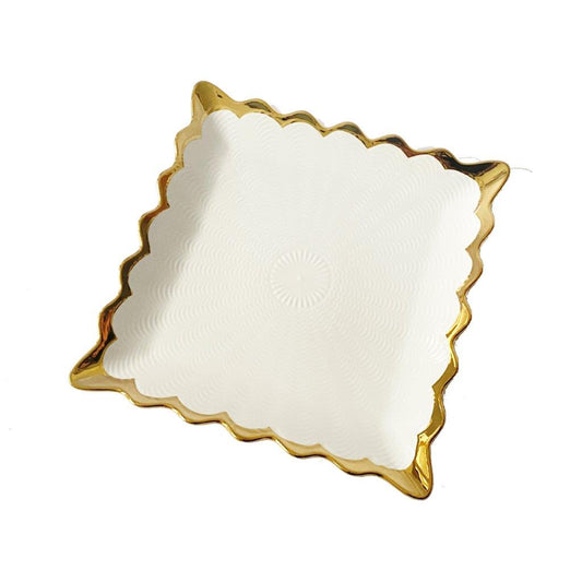 White Ceramic Gold Rim Tableware Rectangular Serving Dish Plate 25.5X25.5X3 cm