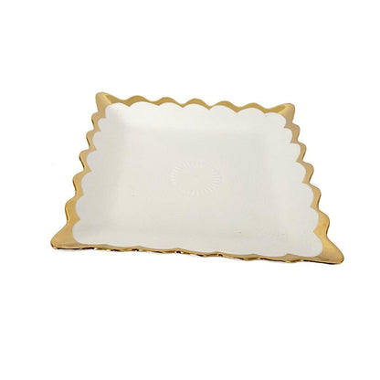 White Ceramic Gold Rim Tableware Rectangular Serving Dish Plate 20.5X20.5X2.5 cm