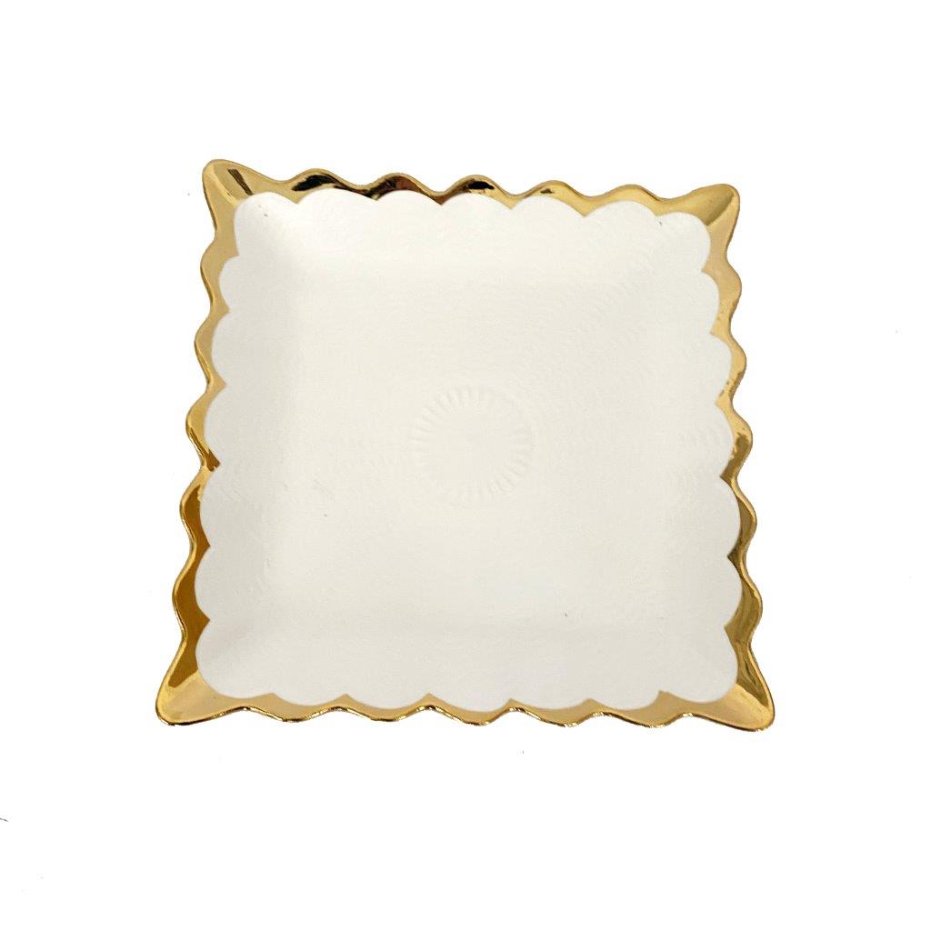 White Ceramic Gold Rim Tableware Rectangular Serving Dish Plate 20.5X20.5X2.5 cm