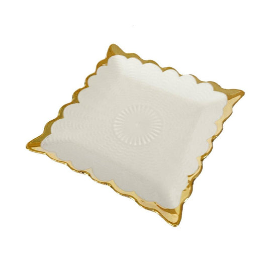 White Ceramic Gold Rim Tableware Rectangular Serving Dish Plate 15X15X2 cm