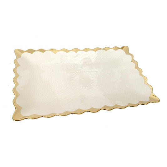 White Ceramic Gold Rim Tableware Rectangular Serving Dish Plate 35.5X22X3 cm