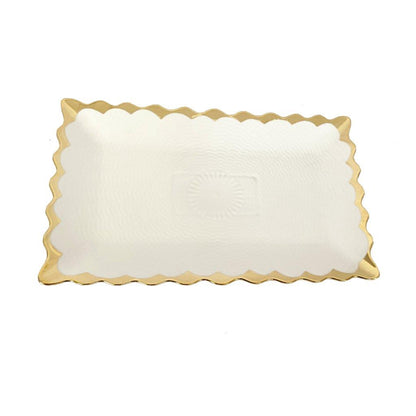 White Ceramic Gold Rim Tableware Rectangular Serving Dish Plate 35.5X22X3 cm
