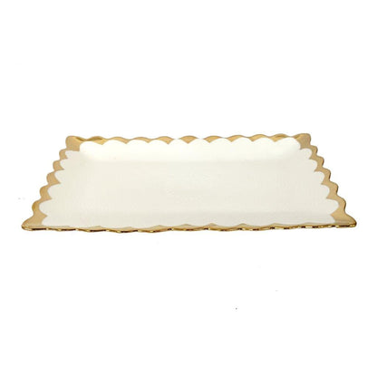 White Ceramic Gold Rim Tableware Rectangular Serving Dish Plate 25.5X15.5X2 cm
