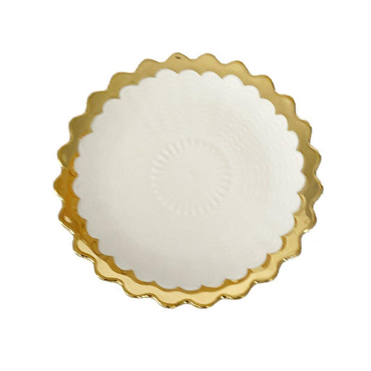White Ceramic Gold Rim Tableware Round Serving Dish Plate 15X15X2 cm