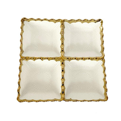White Ceramic Gold Rim Tableware Rectangular Divided Plate 20.5X20.5X3.5 cm