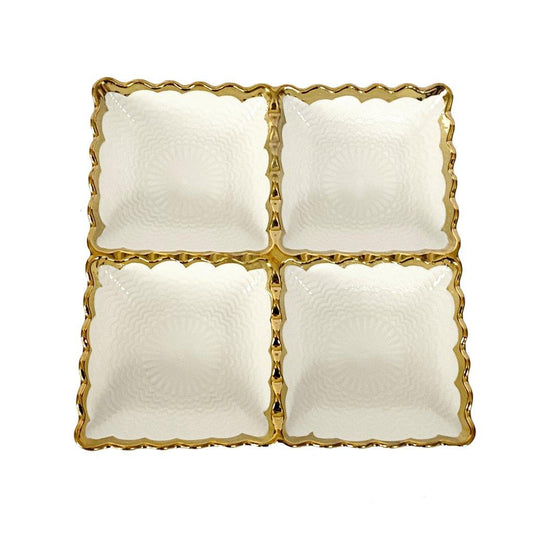 White Ceramic Gold Rim Tableware Rectangular Divided Plate 20.5X20.5X3.5 cm