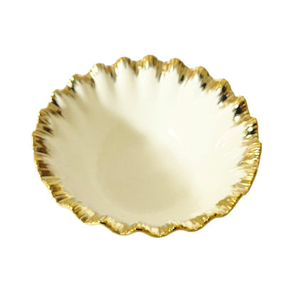 White Ceramic Gold Rim Tableware Round Serving Dish Bowl 15.5*15.5*6.5 cm