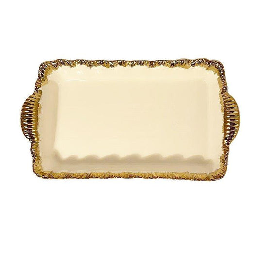 White Ceramic Gold Rim Tableware Rectangular Serving Dish Plate 27*16*4.8 cm