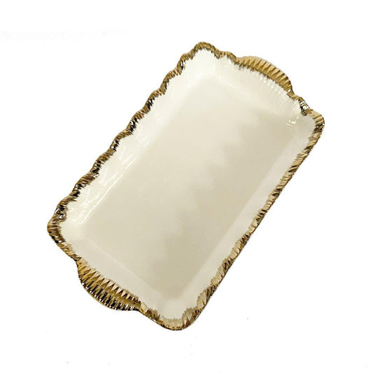 White Ceramic Gold Rim Tableware Rectangular Serving Dish Plate 33*19.5*5.4 cm