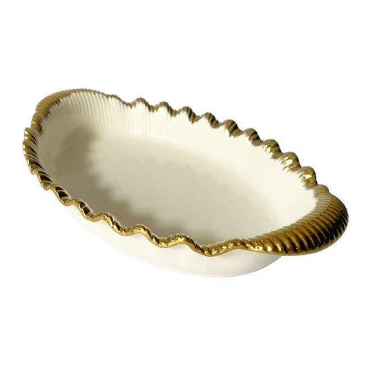 White Ceramic Gold Rim Tableware Oval Serving Dish Plate 27.5*17*4.8 cm