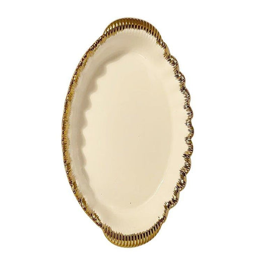 White Ceramic Gold Rim Tableware Oval Serving Dish Plate 33.5*20.5*5.5 cm