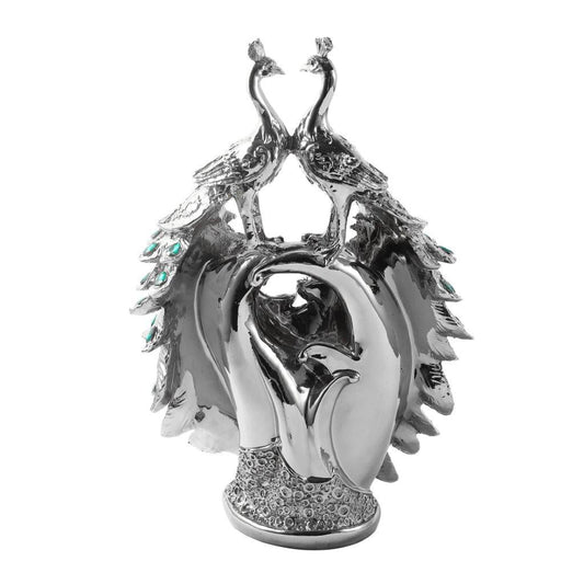 Silver Sculpture Statue Resin Figurine Peacock H 40 cm