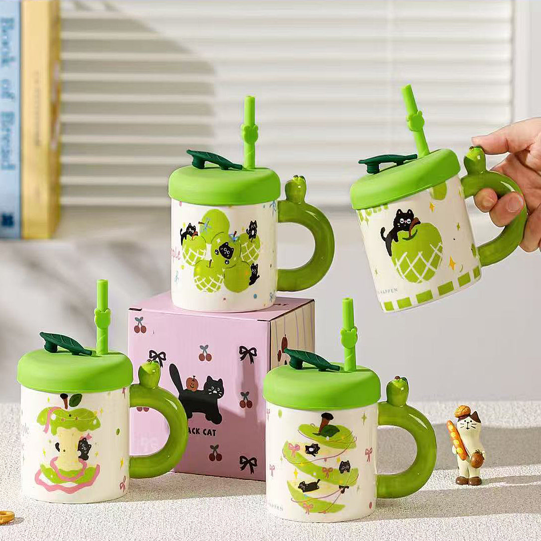 Modern Ceramic Mug with Straw and Lid