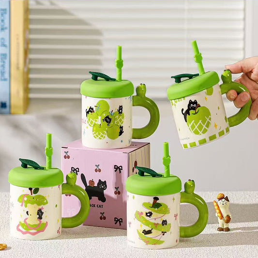 Modern Ceramic Mug with Straw and Lid