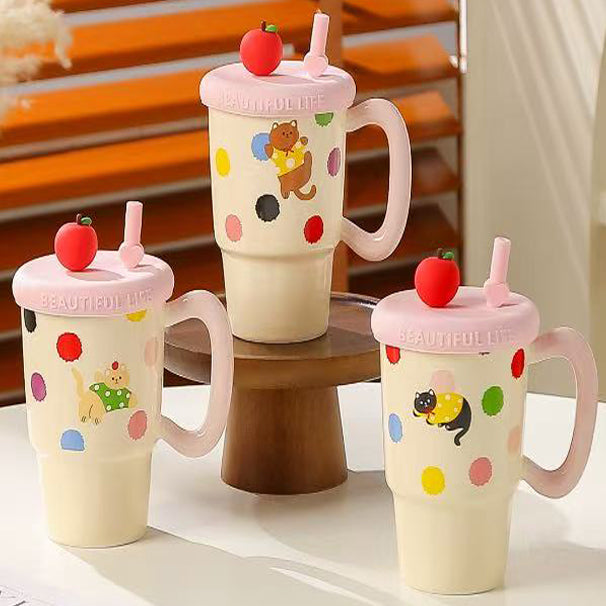 Modern Ceramic Mug with Straw and Lid