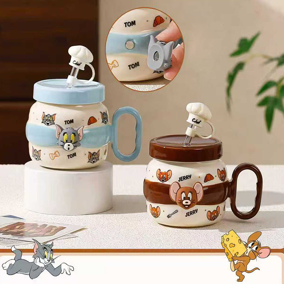 Modern Ceramic Mug with straw and Lid  7.5*12.5 CM