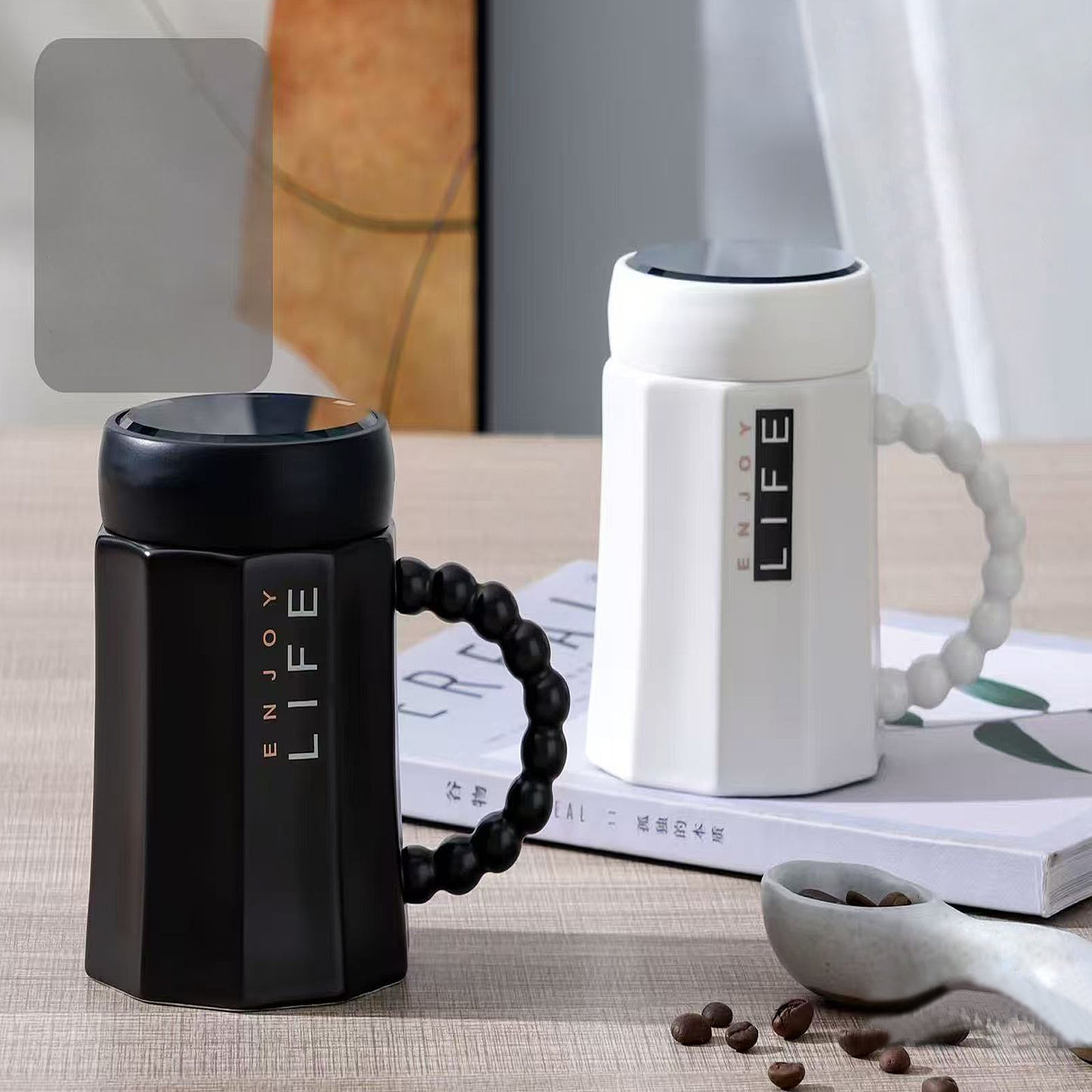 Modern Ceramic Mug with straw and Lid  7.5*12.5 CM