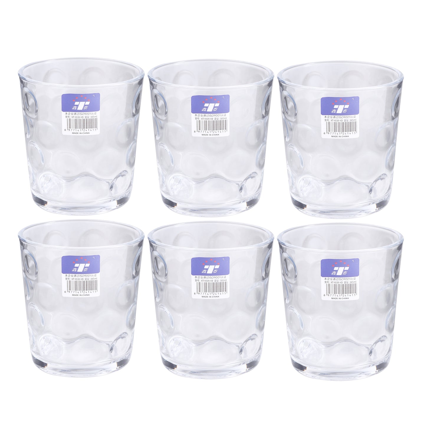 Set of 6 clear short drinking glasses, 385 ml each