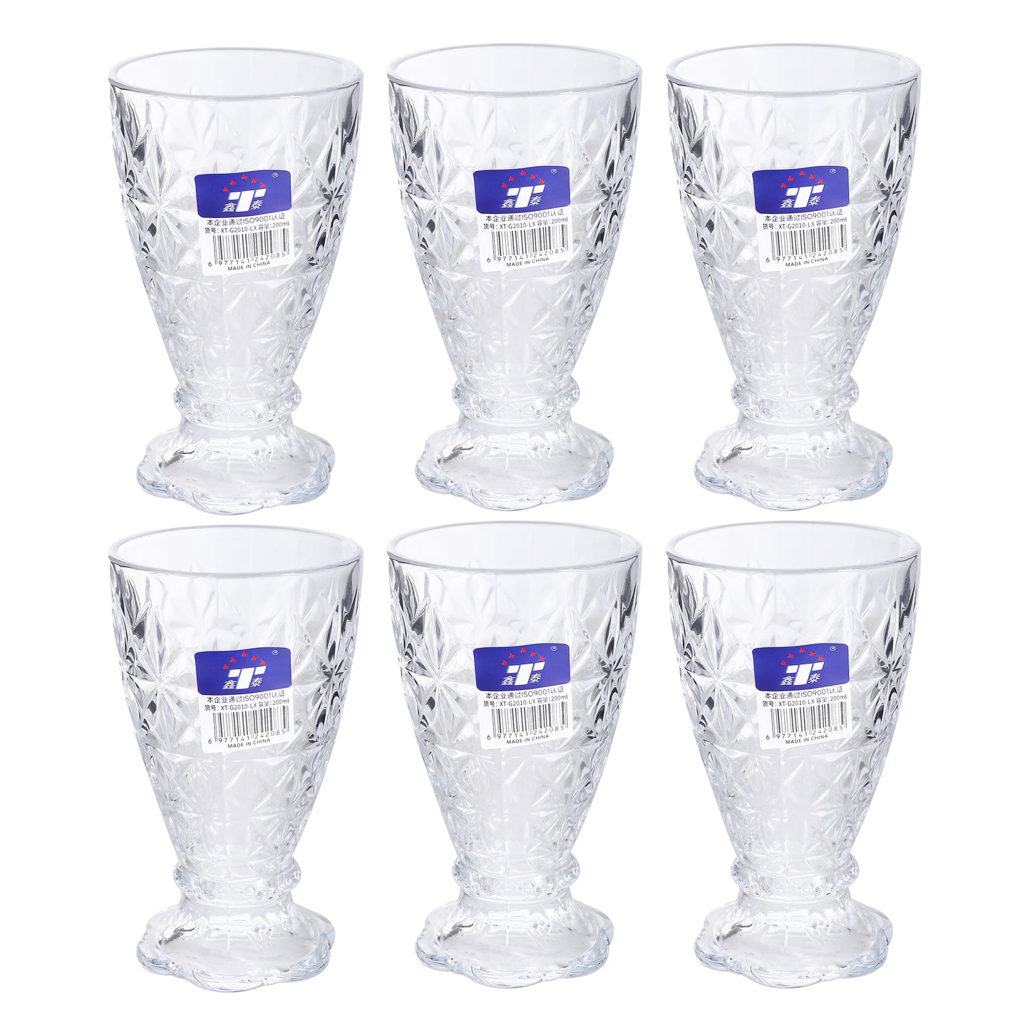 Set of 6 clear footed drinking glasses, 200 ml each