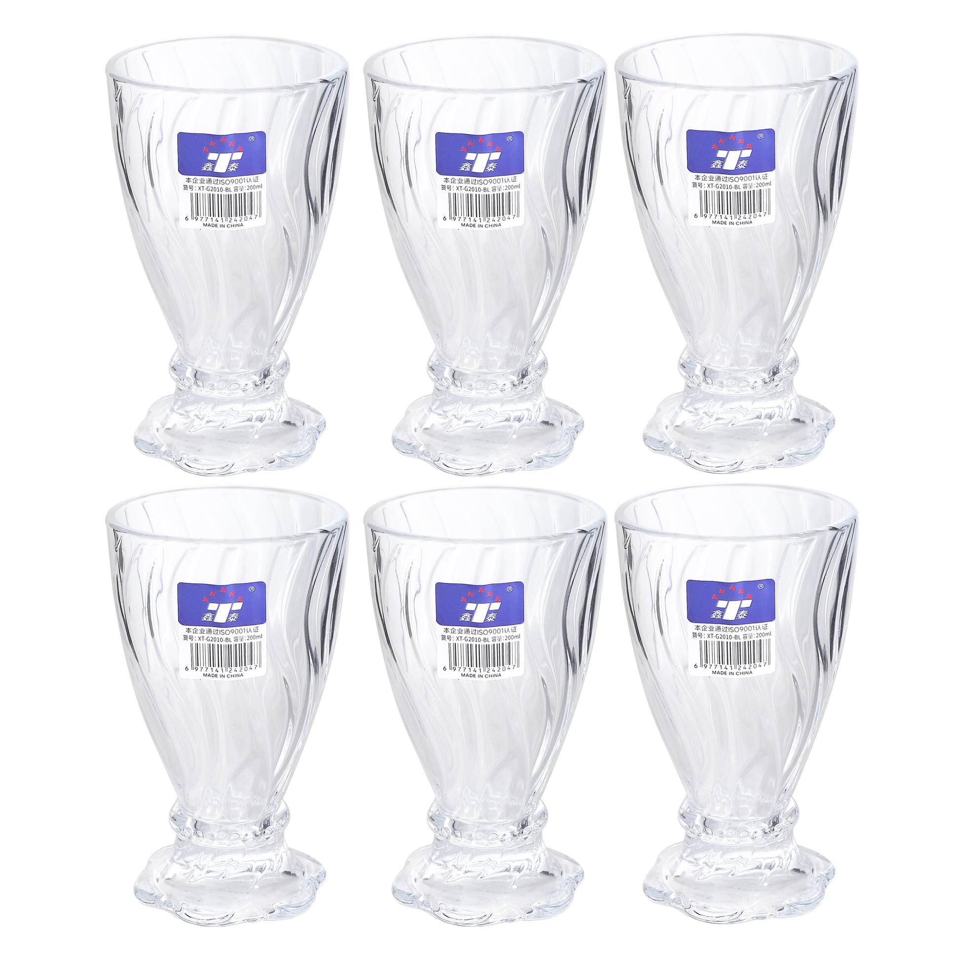 Set of 6 clear footed drinking glasses, 200 ml each