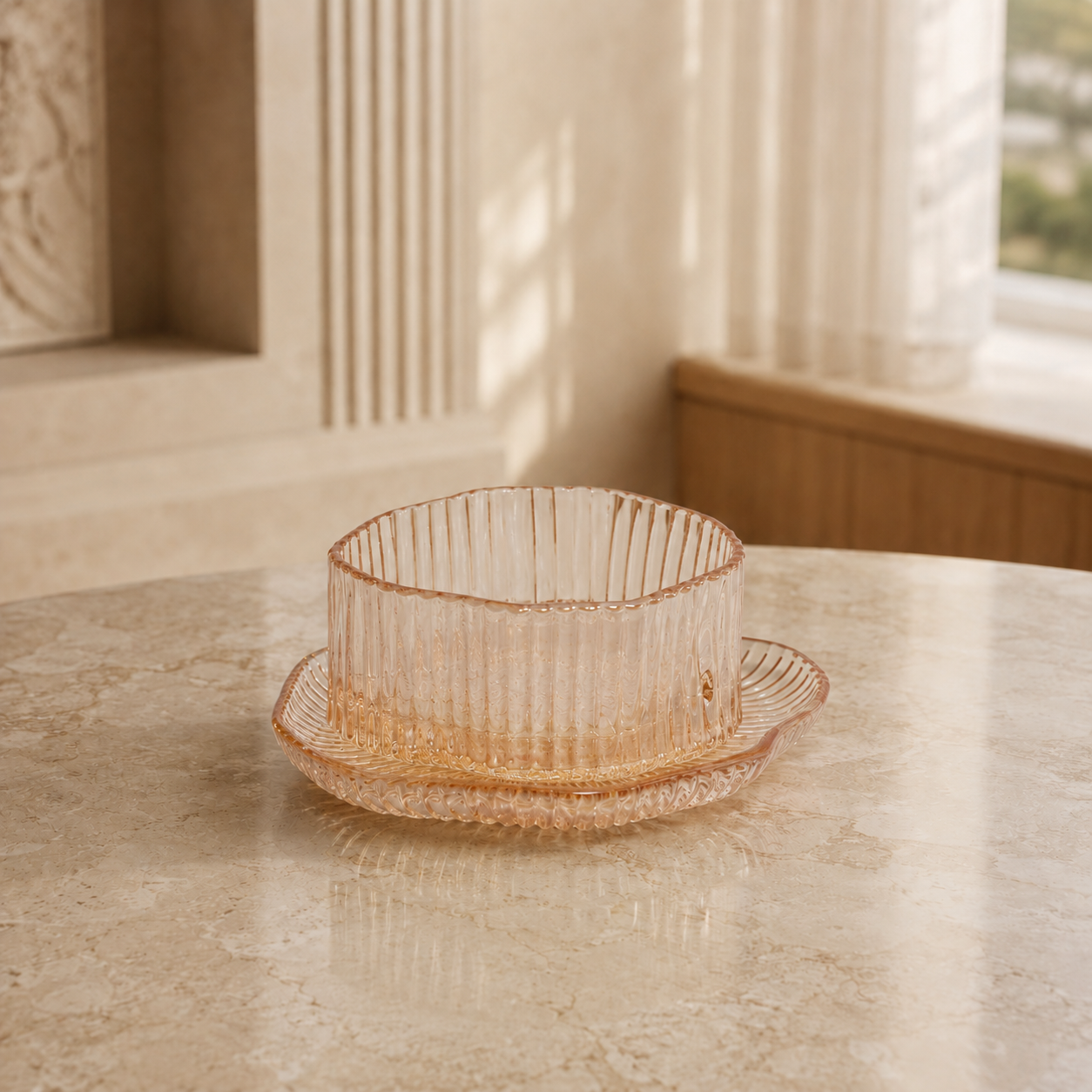 Honey Fluted Glass Cup & Saucer - 6pcs