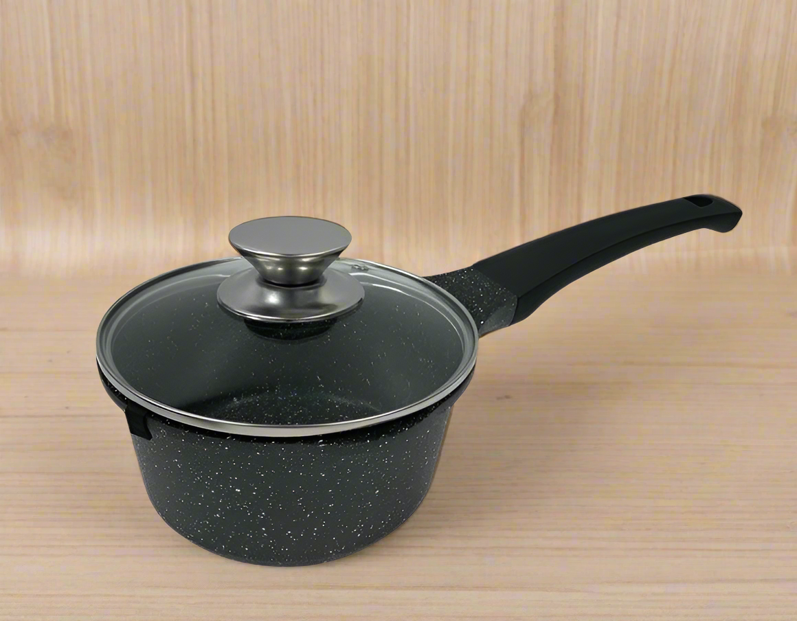 Non Stick Marble Coated Die Cast Aluminium Milk Pan Black Induction 16cm