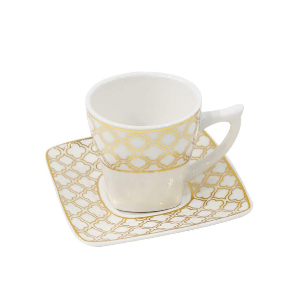 Royal Cream Abstract Print Ceramic Coffee Cup & Saucer Set of 6 Pcs