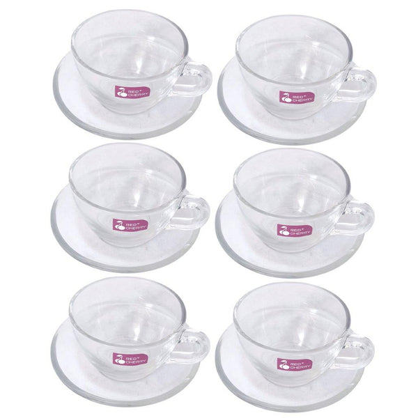 Premium Lead Free Glass Tea Cup with Saucer Set of 6 Pcs 9.5*7.5/13.5 cm