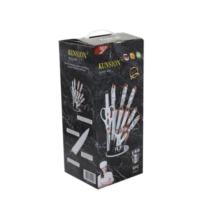 Premium Quality Stainless Steel Chef Kitchen Knife Set of 9 Pcs With Knife Stand White Marble Coating 33 cm