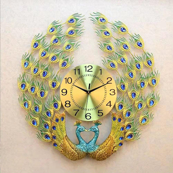 European Wall Style Metal Peacock Home Decorative Clock Wall Art 60*60 cm