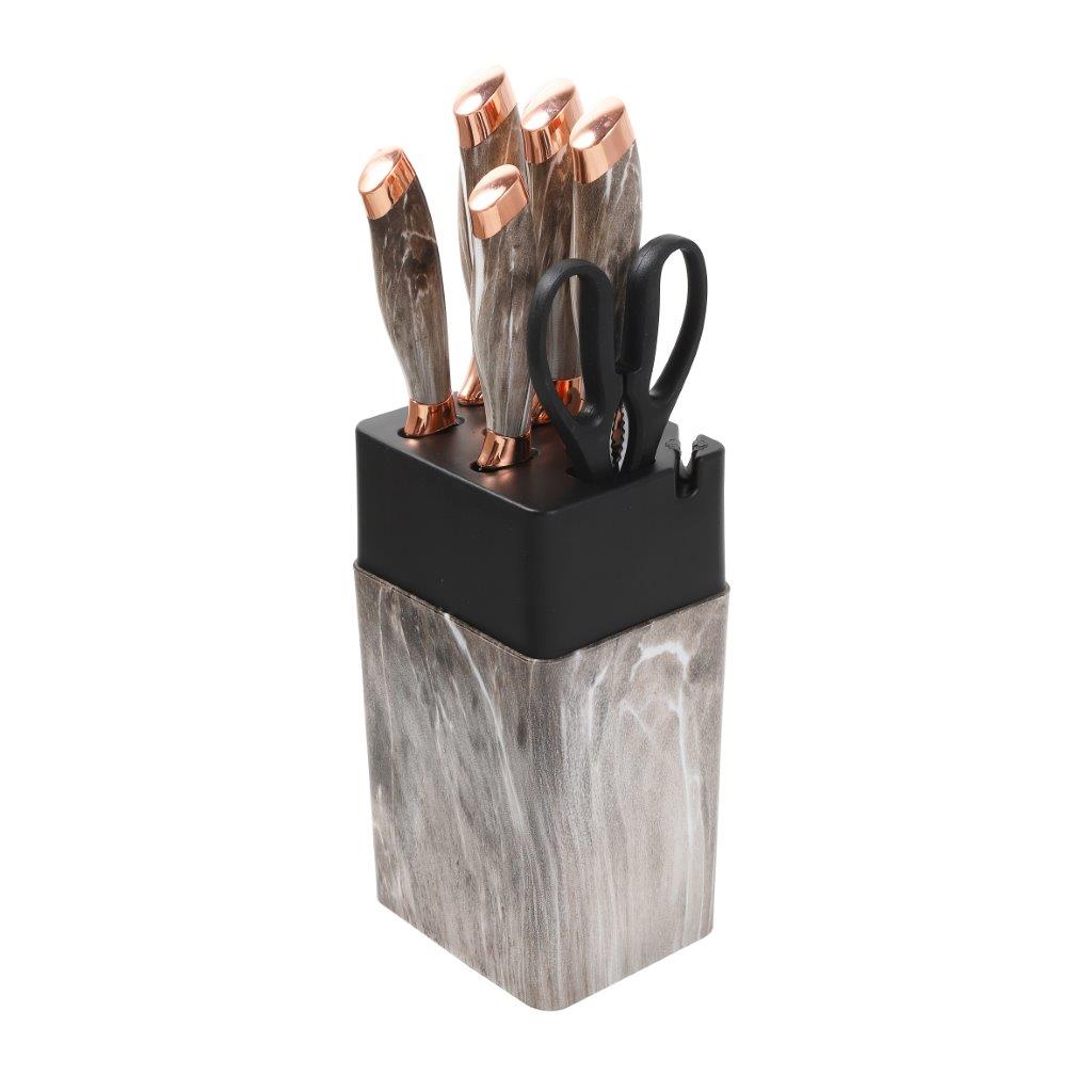 Premium Quality Stainless Steel Chef Kitchen Knife Set of 7 Pcs With Knife Stand Beige Marble Coating 33 cm