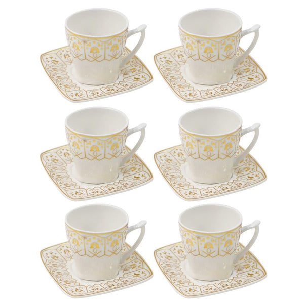 Royal Cream Abstract Print Ceramic Coffee Cup & Saucer Set of 6 Pcs