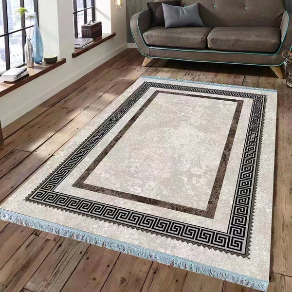 Longman Roman Art Design Machine Woven Indoor Area Rug Carpet Light Brown with Greek Key Design Border 160*230 cm