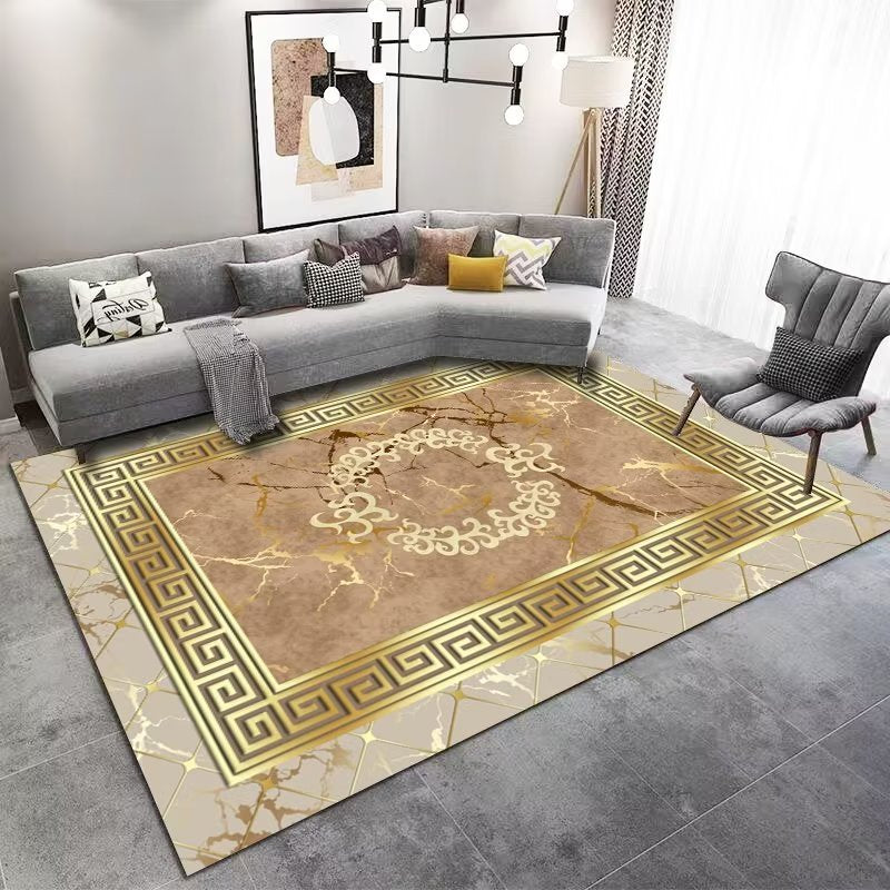 Light Luxury Artistic Design Abstract Medallion Machine Woven Indoor Area Rug Carpet Light Brown with Greek Key Border 200*300 cm