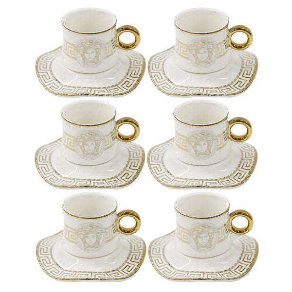 Royal Cream Abstract Print Ceramic Coffee Cup & Saucer Set of 6 Pcs