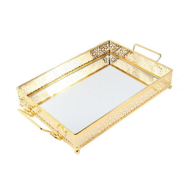 Deco Silver Metal Glass Base Rectangular Serving Tray Set of 2 Pcs