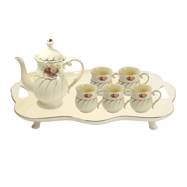 Ceramic Tea Cup and Saucer Set of 8 pcs with Teapot and Tray Cream Floral Pot 1200 ml Cup 250 ml