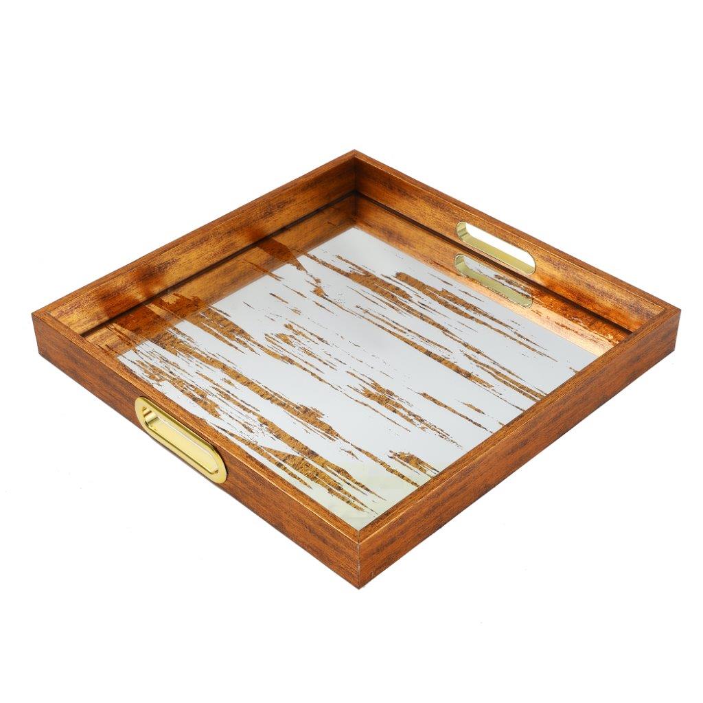 Deco Brown Square Mirror Base Abstract Print Serving Tray Set of 2 Pcs 37*37/34*34 cm